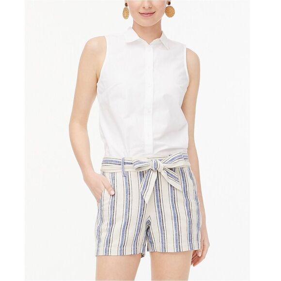 J. Crew Factory Shorts Womens 2 Striped Linen Cotton Tie Front Pull On Pockets - Picture 1 of 11